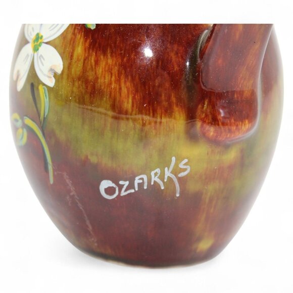 Vintage Ozarks Ceramic Pitcher With Dogwood Flower Design & Green/Brown Glaze Ho - Picture 6 of 7